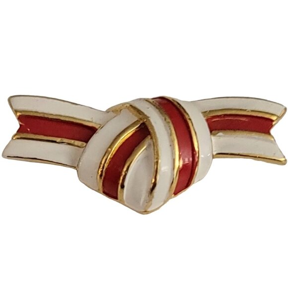 Trifari Crown Over T Gold tone Red White Enamel Love Knot Ribbon Bar Pin, Signed - Picture 1 of 9
